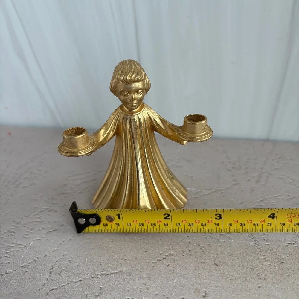 Vintage Gold Tone Metal Angel Choir Boy Double Candle Holder Chime Taper B Mark